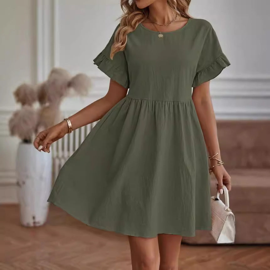 Women's Cotton Linen Round Neck Loose Pocket Skirts