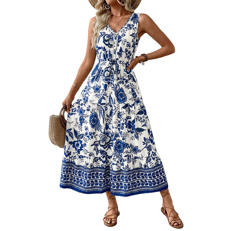 Fresh Vacation Style Long Sleeveless Blue Dress