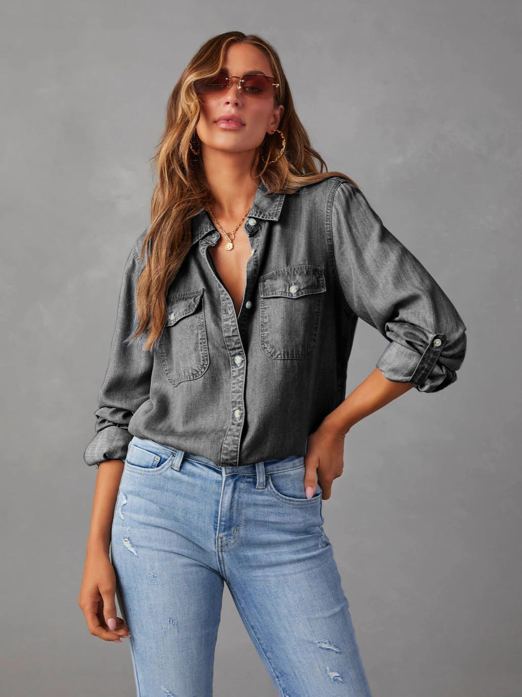 Women's Denim Shirt Autumn Fashion Casual Polo Collar Single-breasted Blouse