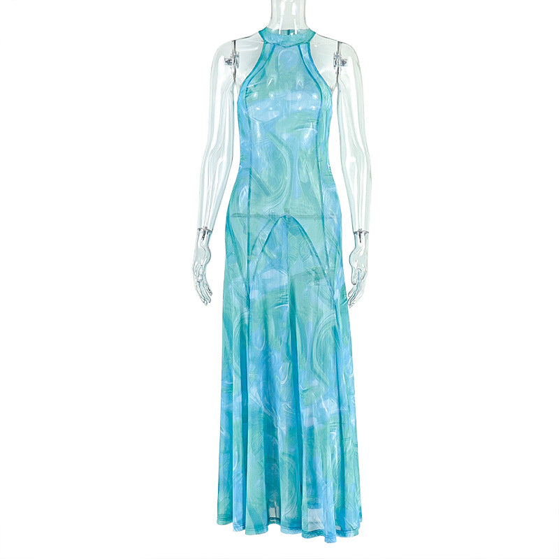 Women's Printed Street A- Line Round Neck Pleated Sleeveless Dress