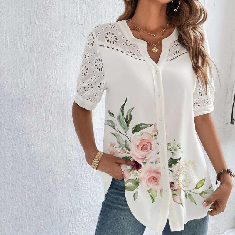 Women's Fashionable Breasted Lapel Short-sleeved Shirt Tops