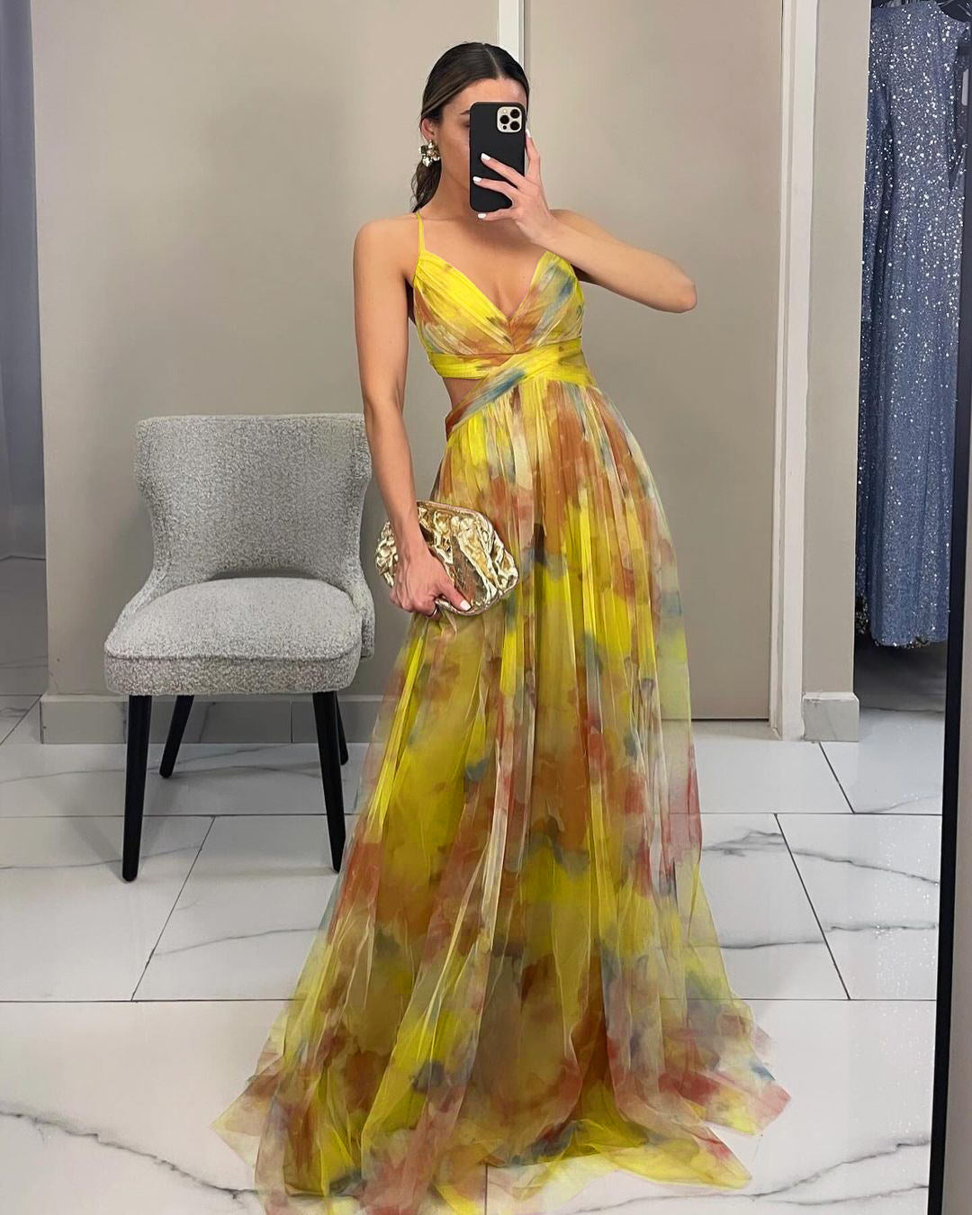 Mesh Printing Slip Vacation Leisure Party Dress