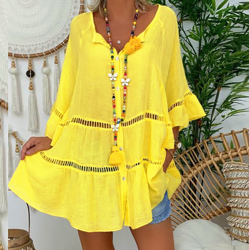 Women's Three-quarter Sleeve Cotton Linen Loose Button Dress