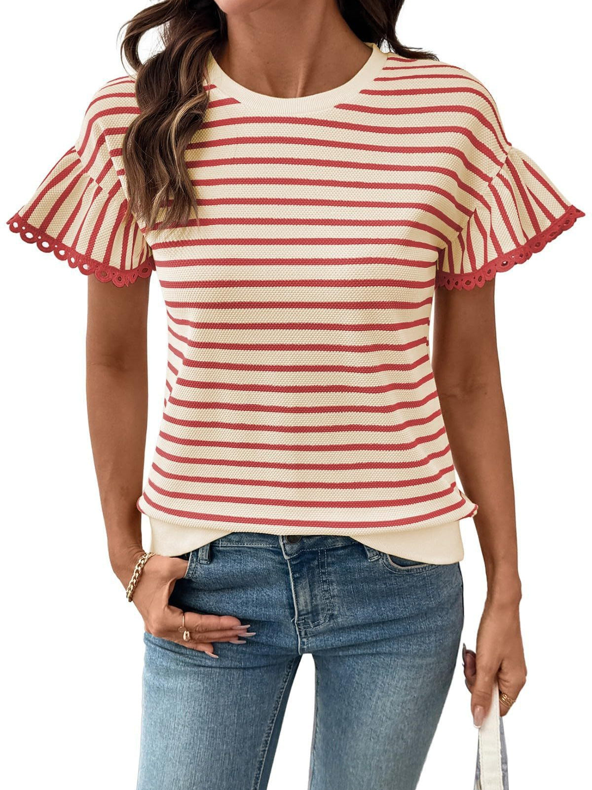 Women's Striped Lace Round Neck Sleeve Fashionable Tops