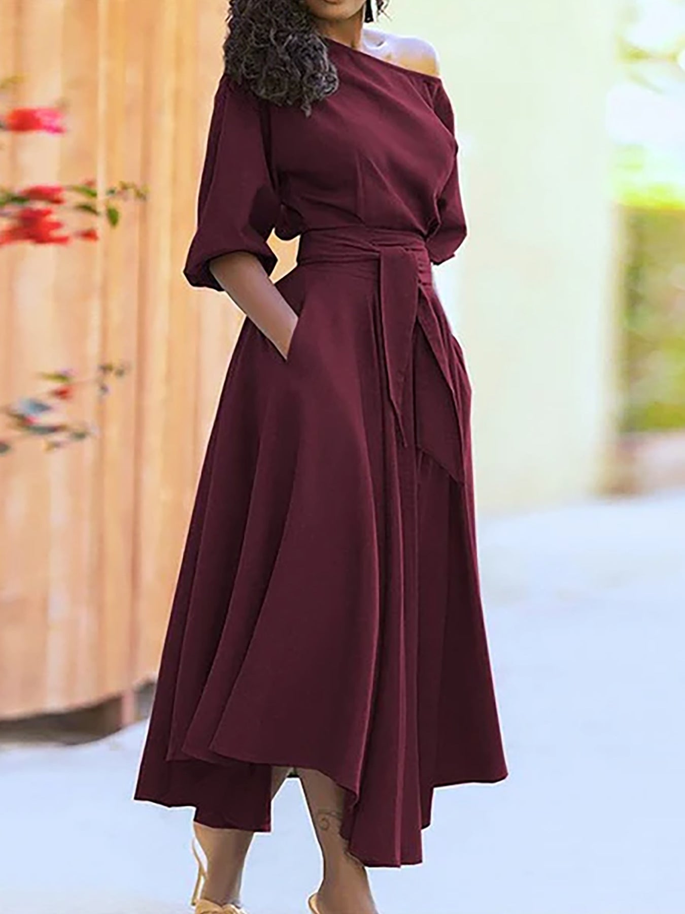 Oblique Shoulder Strap Elegant Solid Color Dress