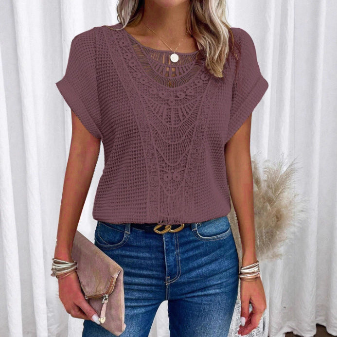 Fashion Beautiful Women's Lace Patchwork Short-sleeved Women's T-shirt