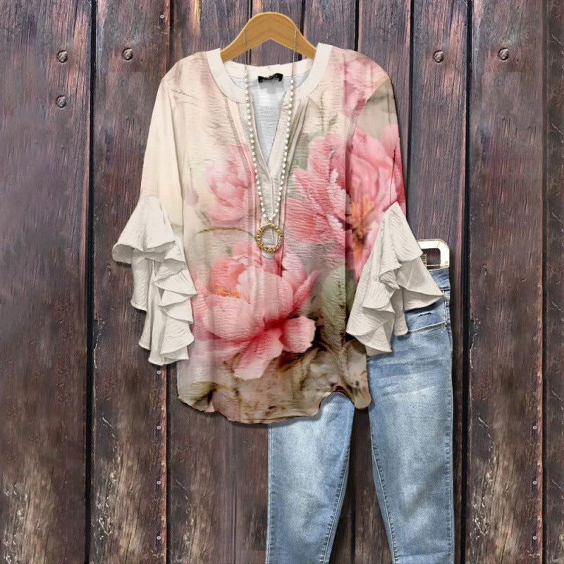 Women's Bubble Wrinkle Floral Element Digital Printing Casual Trend Women's T-shirt