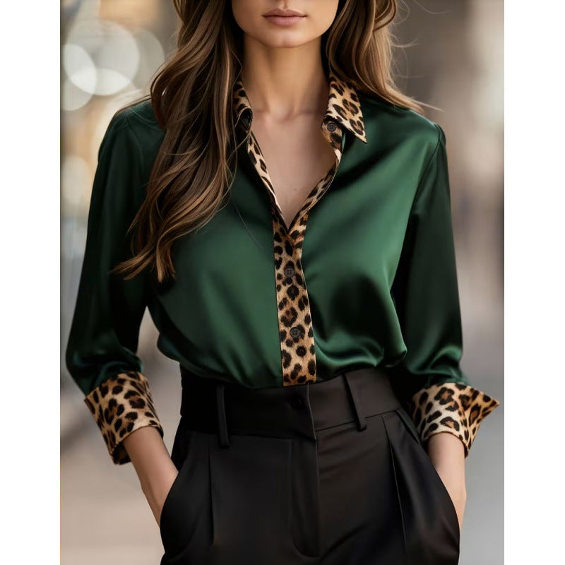 Women's Leopard Print Round Neck Stitching Satin Shirt Blouse