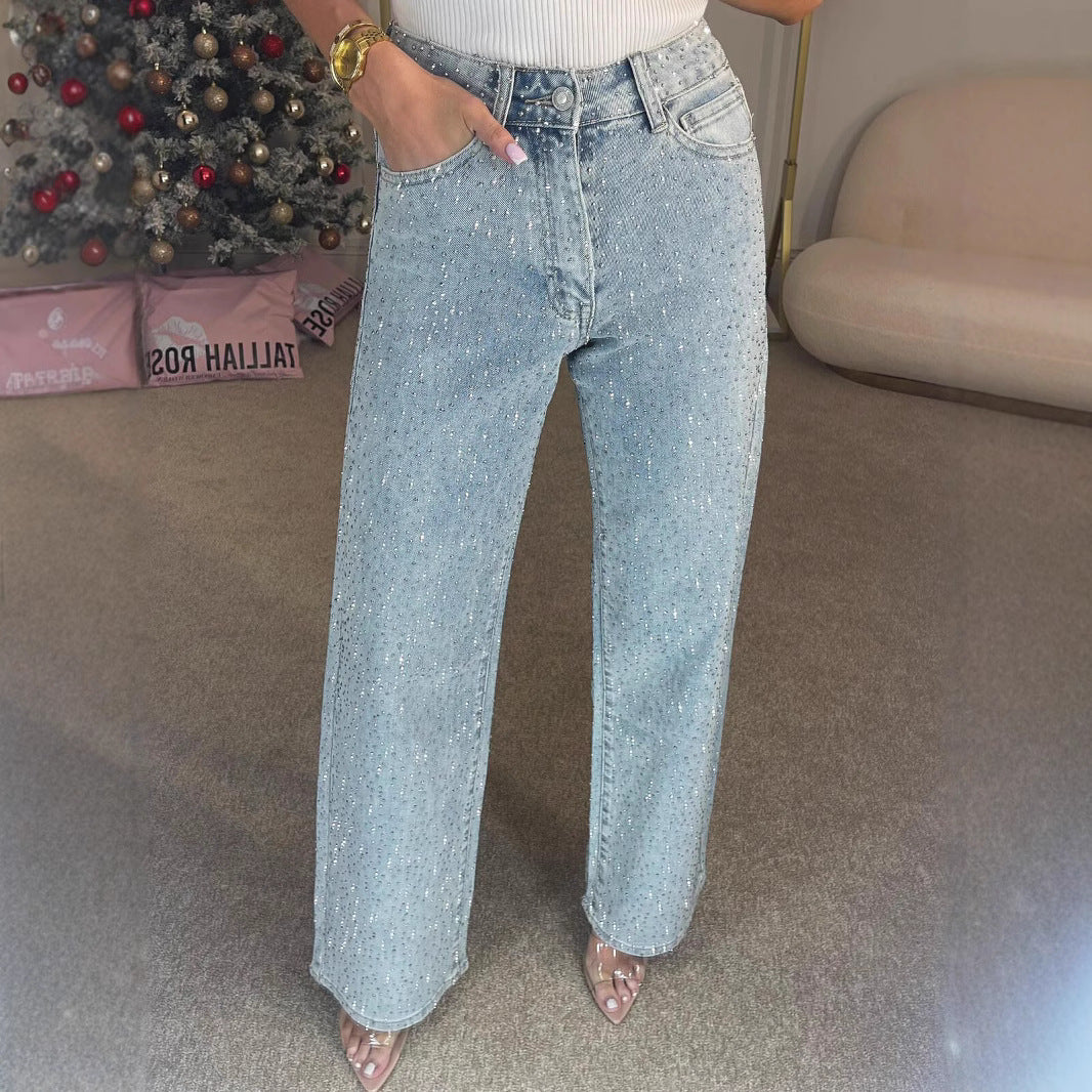 Women's Diamond Washed High-grade High Waist Straight Hot Women's Jeans