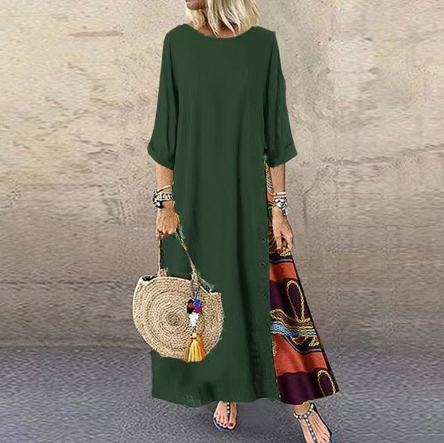 Floral Round Neck Contrast Color Button Dress