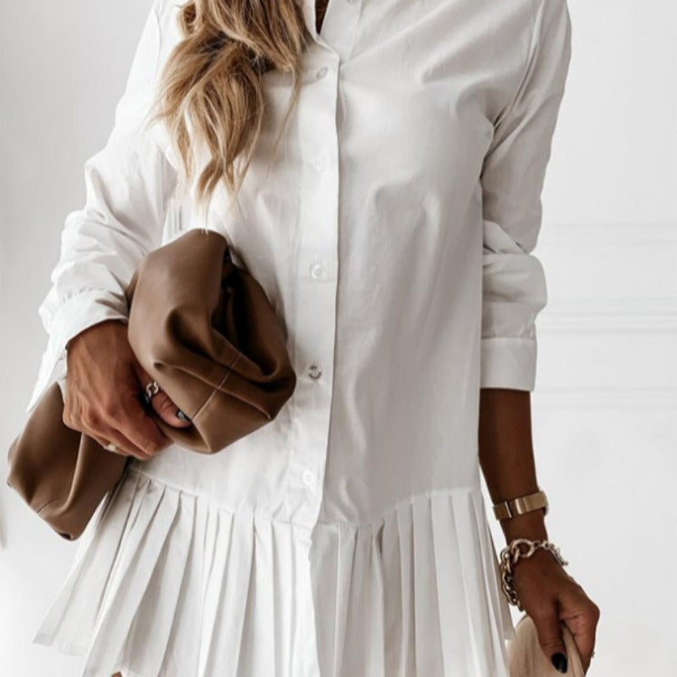 Stylish Women's Shirt Dress Pleated Slim Blouse