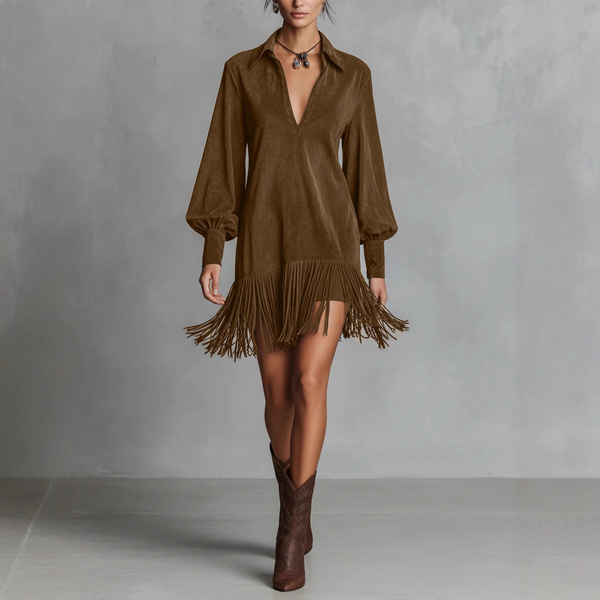 Women's Western Denim Suede Fringed Hem Long-sleeved Dress