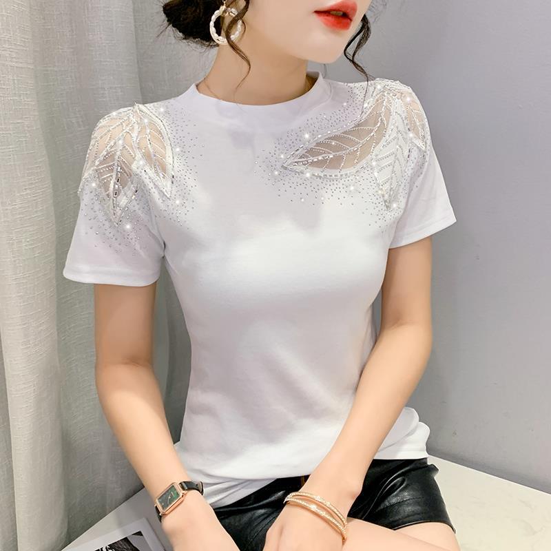 Women's Neck Fashion Hollow Lace Hot Drilling Slim Fit Women's T-shirt