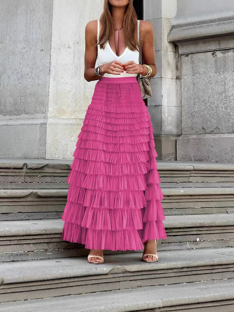 Women's French Style Long Autumn Elegant Solid Color High Waist Net Skirts