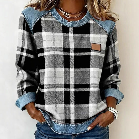 Women's Plaid Stitching Denim Round Neck Loose-fitting Source Sweaters