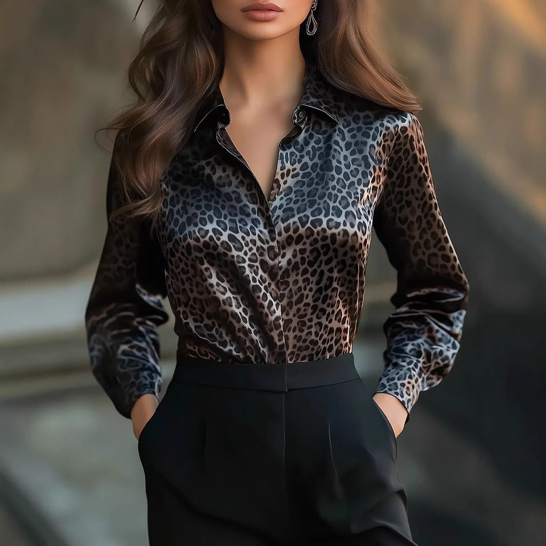 Women's Elastic Satin Printed Leopard Print Leisure Loose Shirt Tops