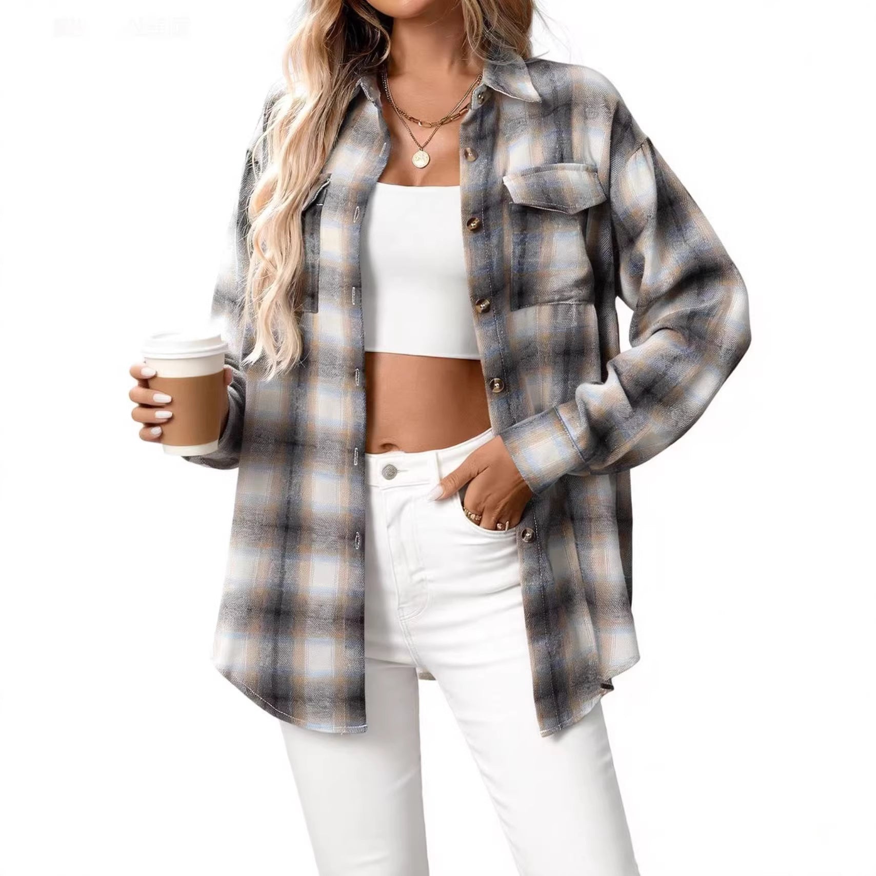 Women's Casual Fashion Loose Plaid Pocket Shirt Blouse