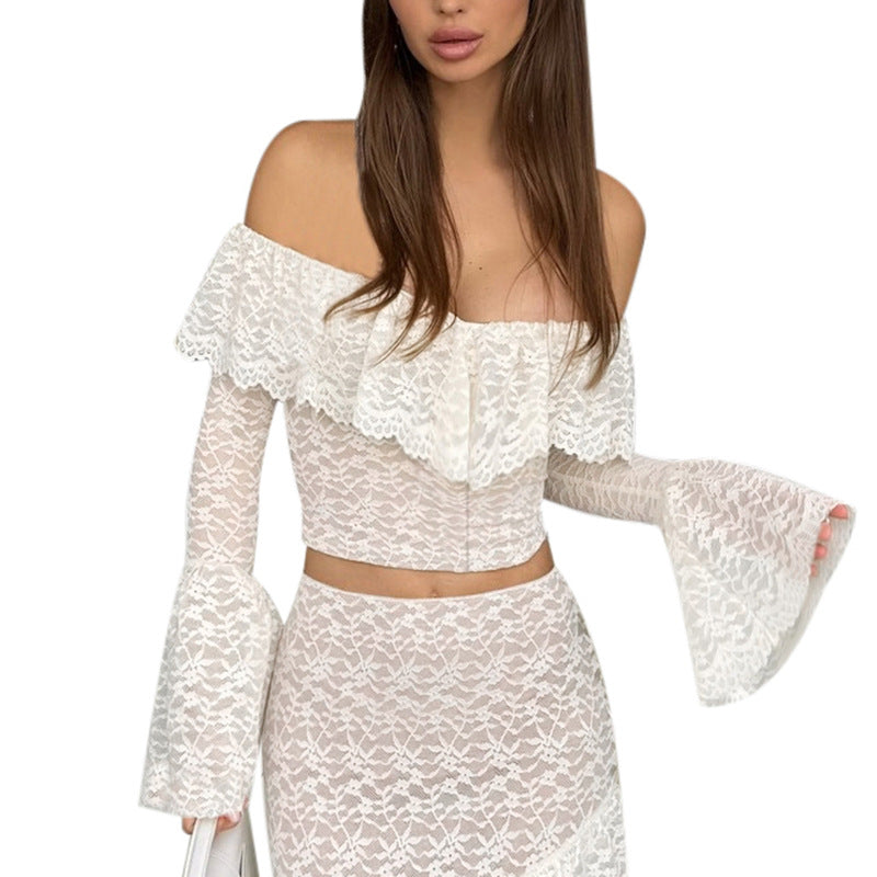 Women's Lace Ruffled Long-sleeved Autumn Solid Color Tops
