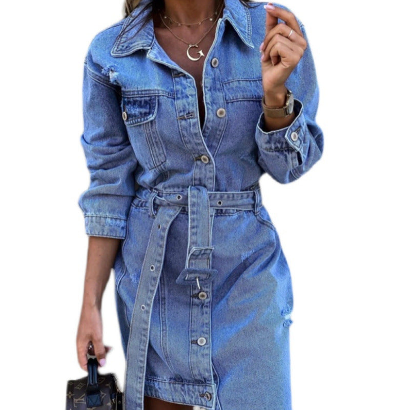 Spring Denim Lapel Long Sleeve Single-breasted Slim Dress