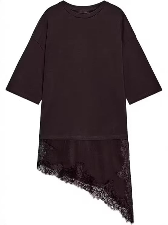 Women's Simple Straight Round Neck Sleeve Lace Stitching Women's T-shirt