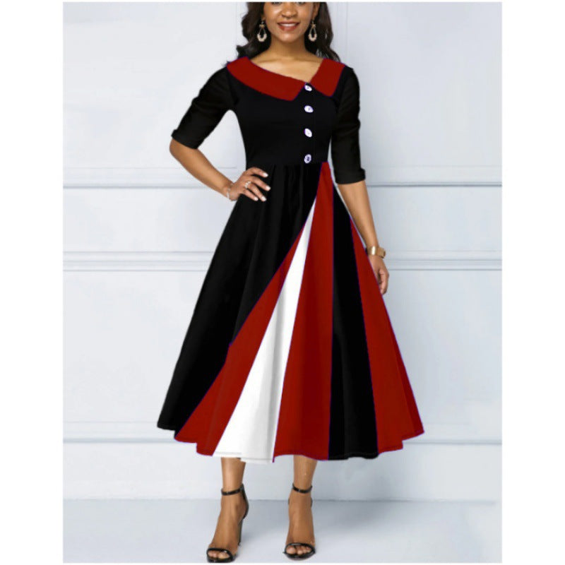 Women's Fastener Decoration Printed Large Swing Sleeve Dress