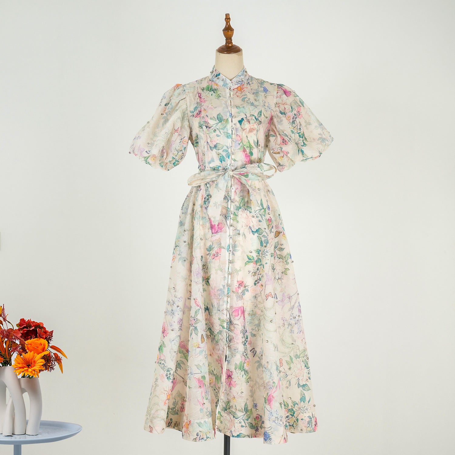 Summer Palace Style High Design Sense Rhinestone Sleeve Single-breasted Long Dress