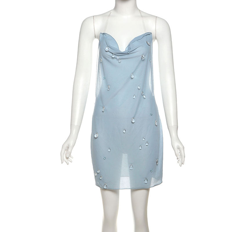Women's Summer Sexy Hot Halter Three-dimensional Water Drop Decoration High Waist Dress