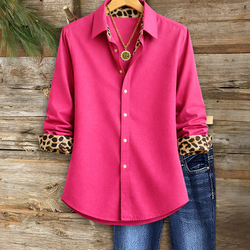 Women's Spring Solid Color Leopard Splicing Long Blouse