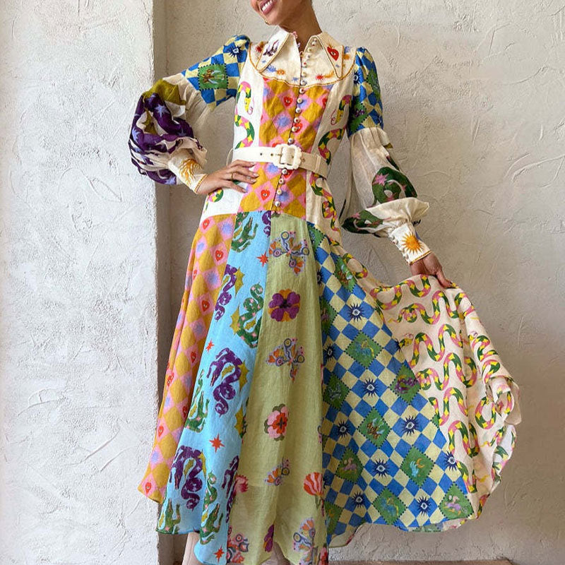 Women's Trend Printed Lantern Sleeve Long Sleeves Large Dress