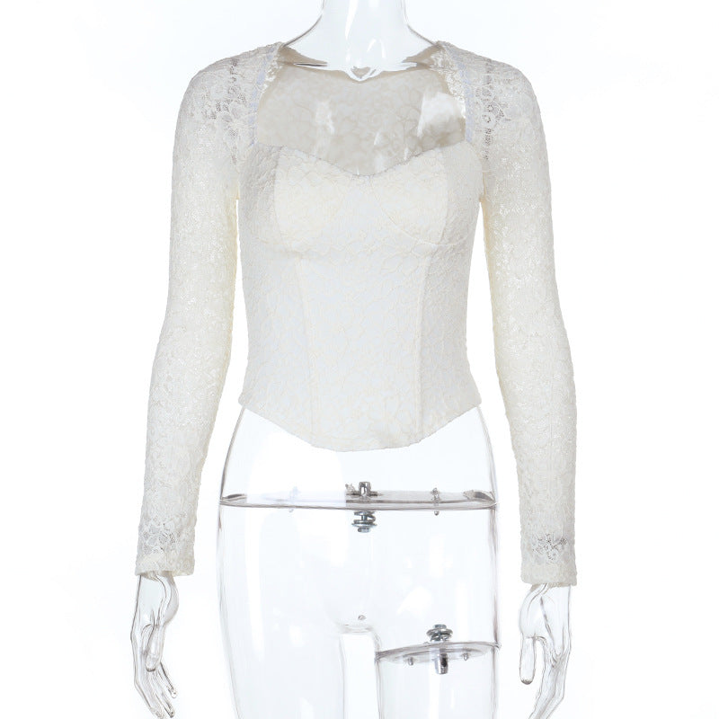 Lace Fishbone Long Sleeves Autumn White Women's T-shirt
