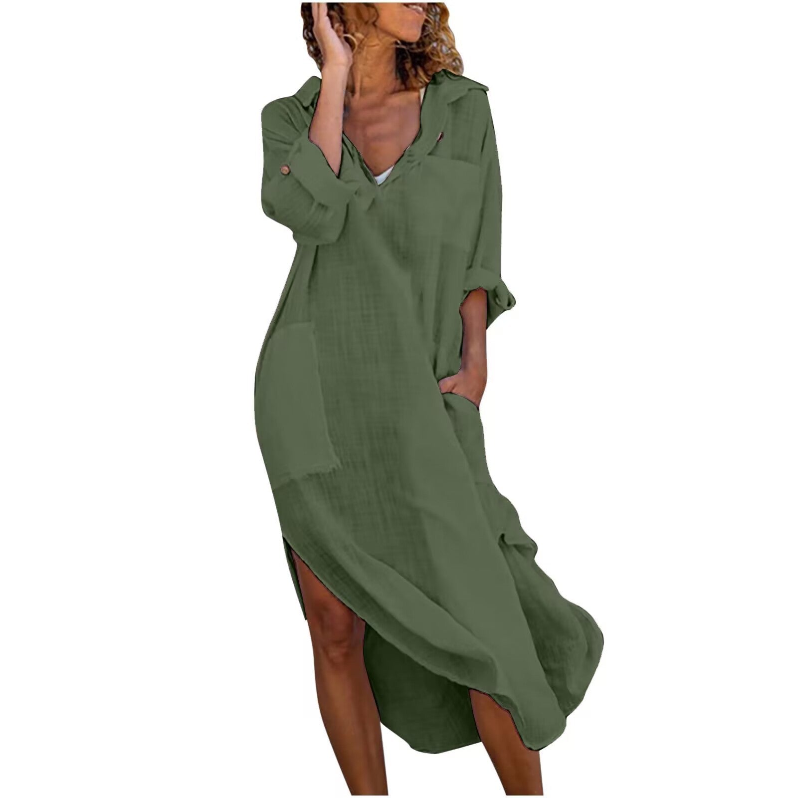 Women's Solid Color Buttons Slit Loose Breathable Casual Shirt Cotton Linen Dress