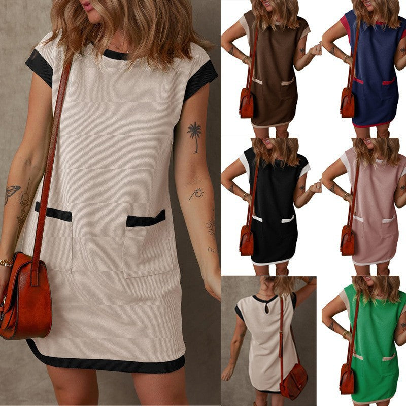Women's Pullover Pocket Cover Sleeve Color Matching Straight Dress