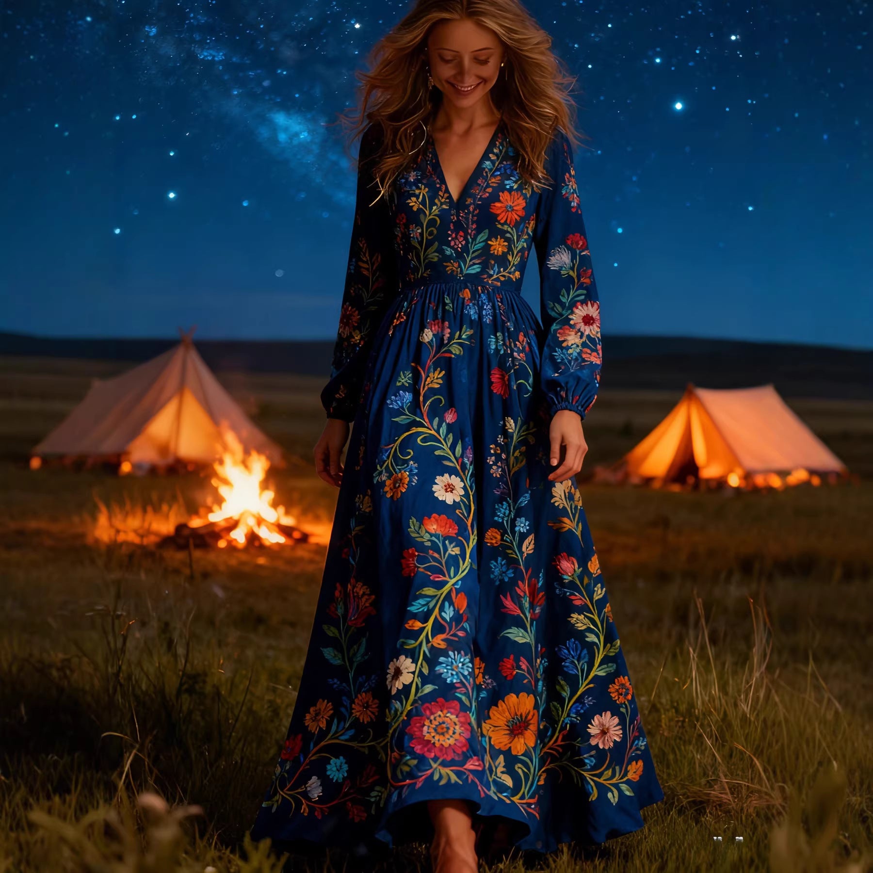 Long Sleeve Ethnic Style Bohemian Large Dress