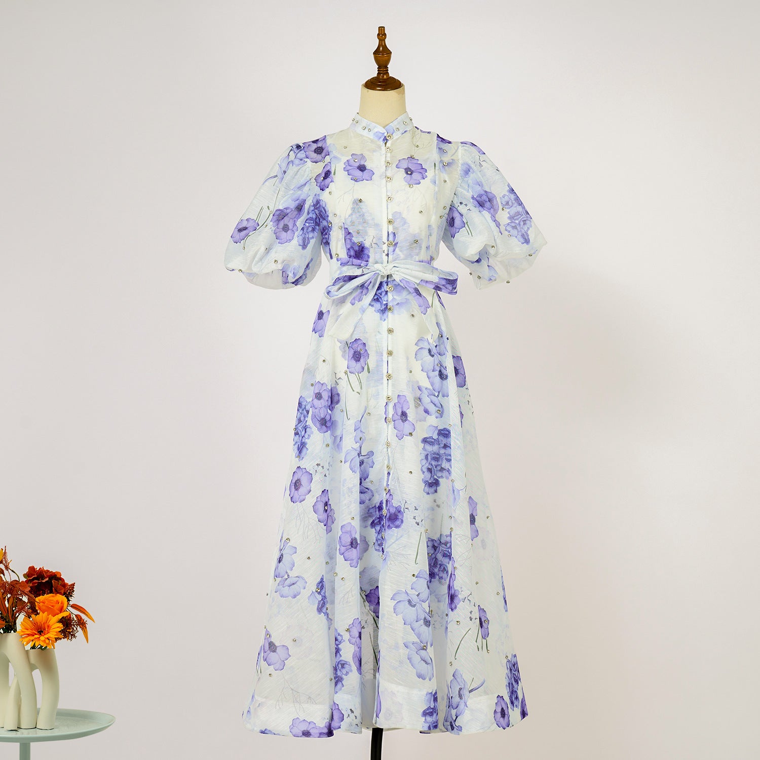Summer Palace Style High Design Sense Rhinestone Sleeve Single-breasted Long Dress
