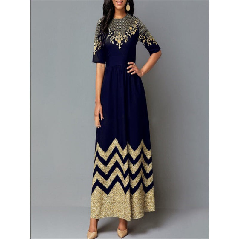 Women's African Long Round Neck Elegant Retro Dress