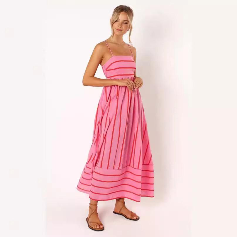Striped Sleeveless Sling Backless Large Swing Dress