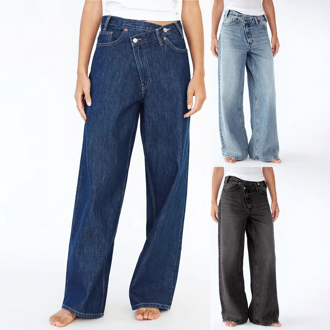 Elegant Glamorous Casual Straight Diagonal Button Women's Jeans