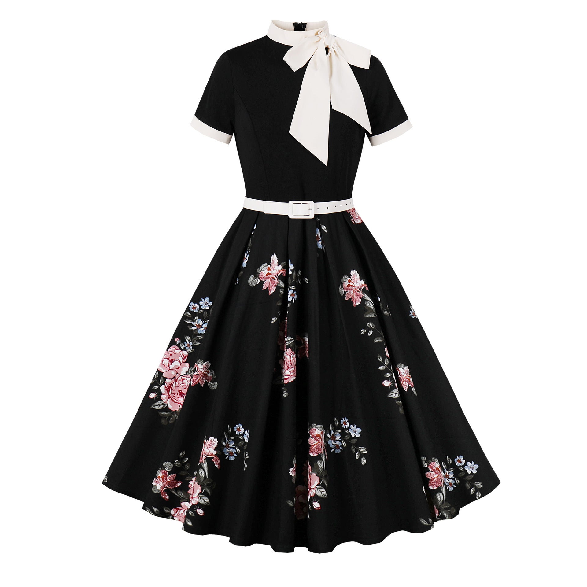 Women's Retro Hepburn Printed Floral Polka Dot Dress