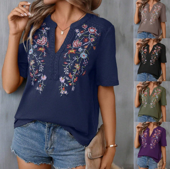 Women's Summer Fashion Ten Thousand Needles Embroidery Stitching Blouses