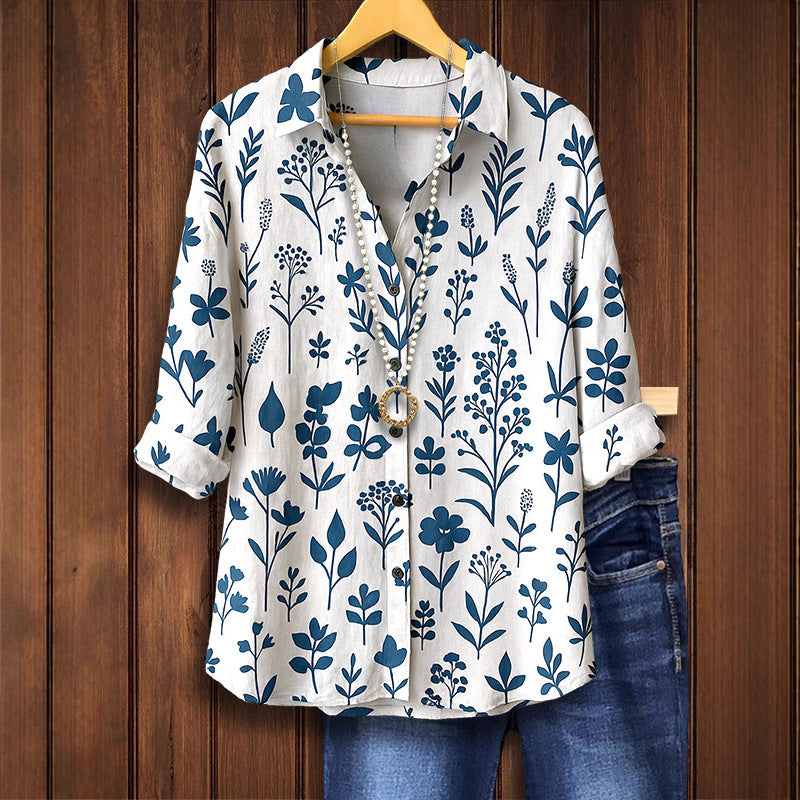 Women's Elegant Retro Floral Long-sleeved Shirt Blouse
