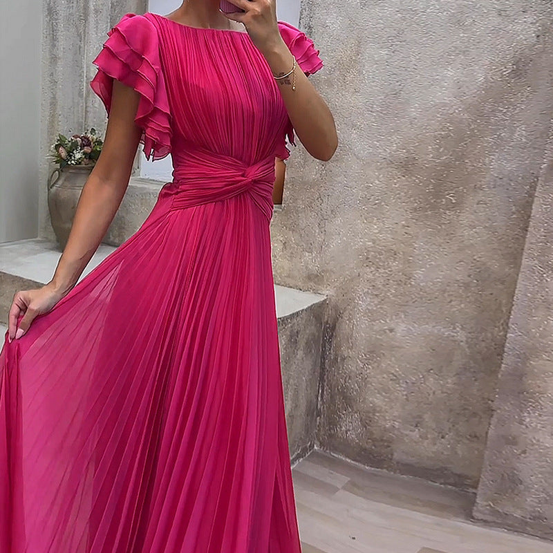 Fashion Round Neck Pleated Cross Solid Dress