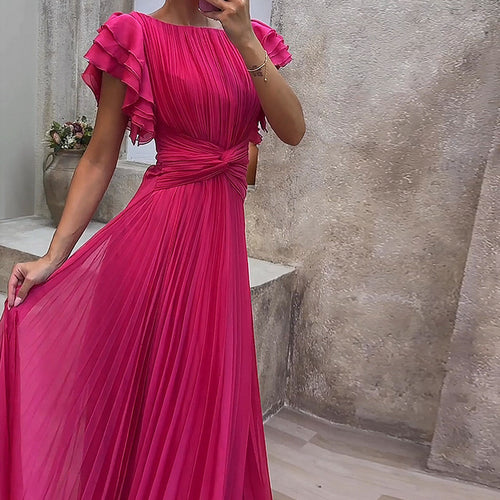 Fashion Round Neck Pleated Cross Solid Dress