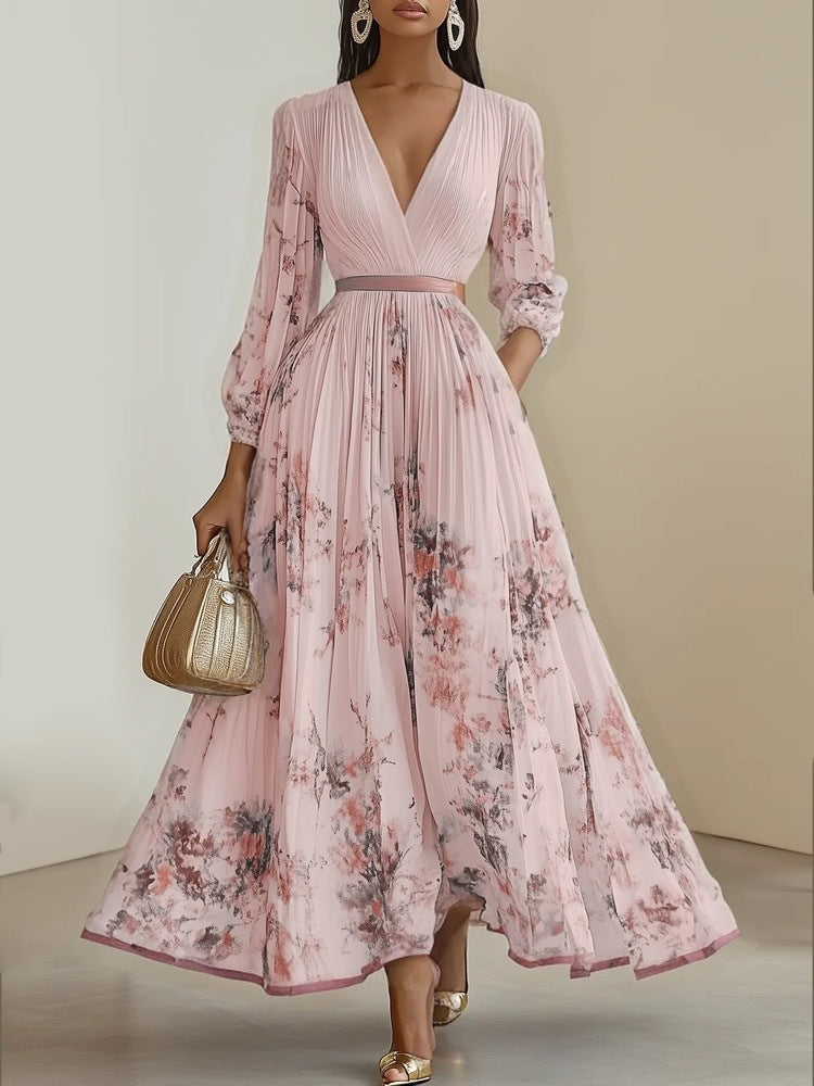Women's Printed Long Sleeve Fashion Pleated Dress