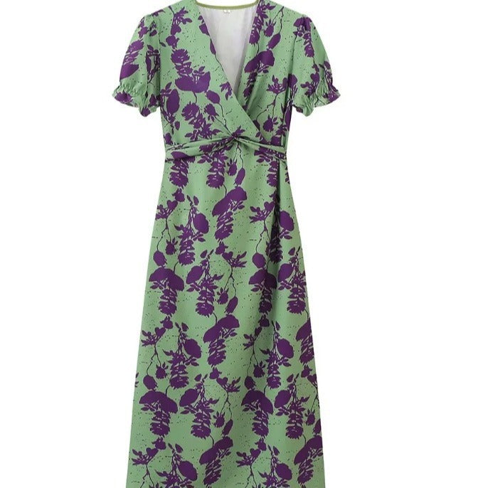 Women's Summer Fashion Pleated Print Long Elegant Slim Dress