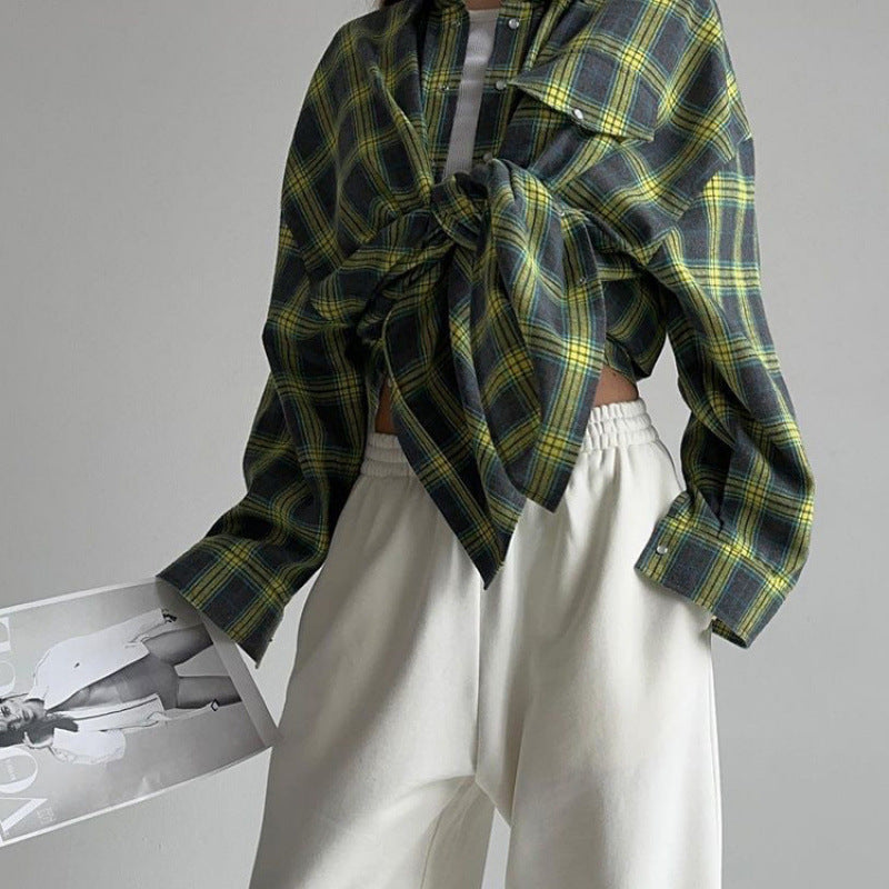 Women's Style Lapel Loose Shirt Autumn Plaid Long Blouse