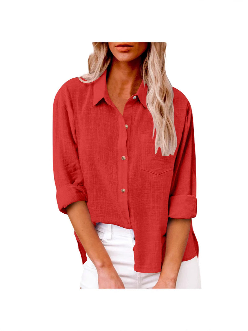 Women's Autumn Pocket Split Long Sleeve Cotton Blouse
