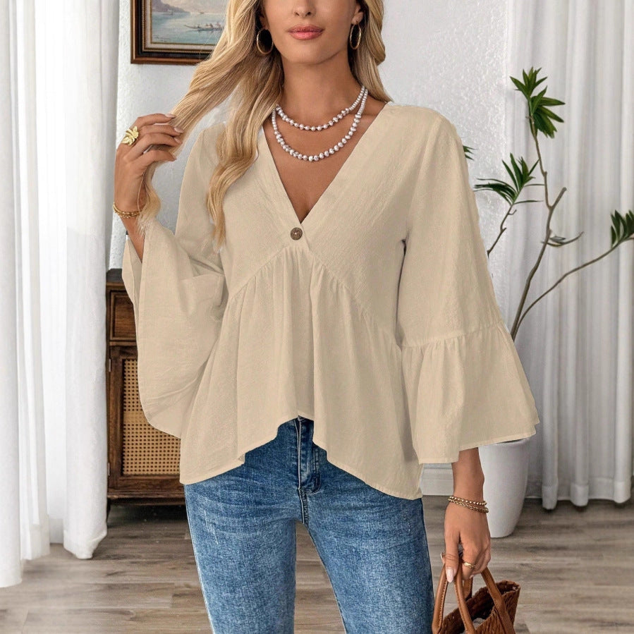 Women's Solid Color Ruffle Sleeve Cotton Female Blouse