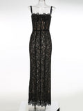 Women's Mesh Hollow Hip Spaghetti Straps Midi Dress