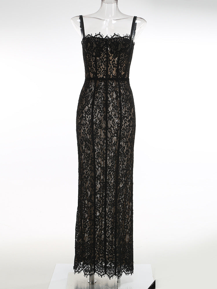 Women's Mesh Hollow Hip Spaghetti Straps Midi Dress