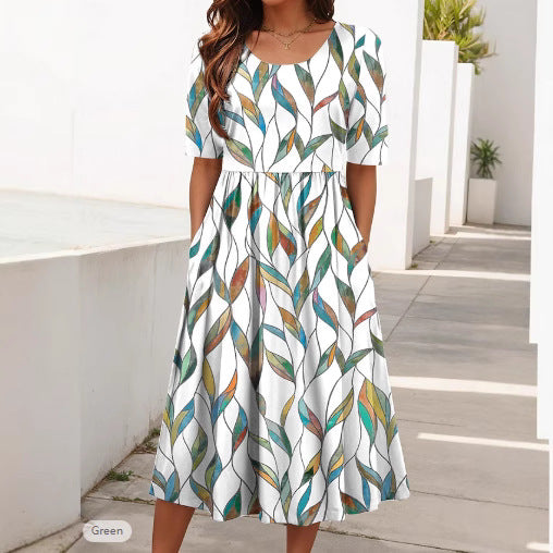 Women's Round Neck Printed Large Hem Dress